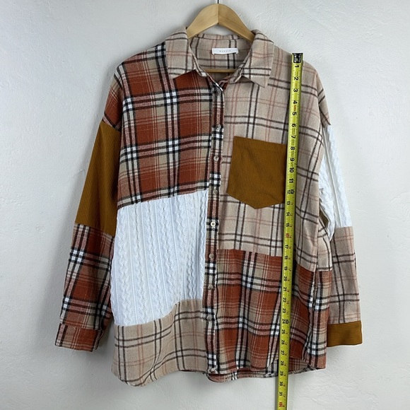 Women’s Flannel Long Sleeve Plaid Color Block Patchwork Shirt Jacket with Pocket - Picture 5 of 8